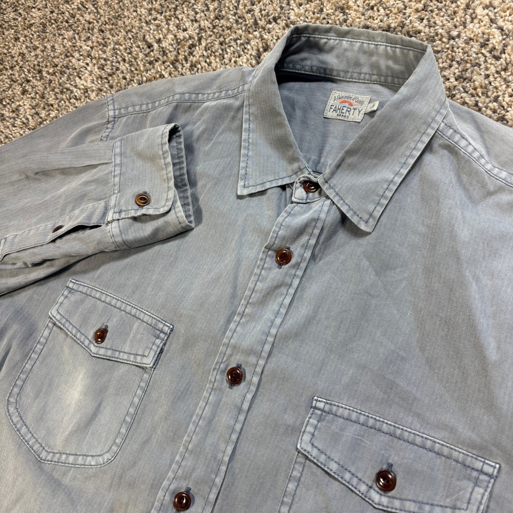 Faherty Brand Men's L Blue Long Sleeve Button Down Shirt Herringbone 2 Pocket